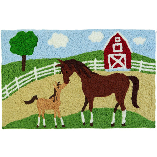 Mare and Foal on the Farm Indoor/Outdoor and Lodge, Western, Country, Trend Rectangle Jellybean Rug