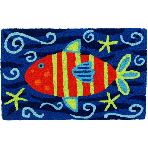 Striped Orange Fish Indoor/Outdoor and Coastal/Lakefront Rectangle Jellybean Rug